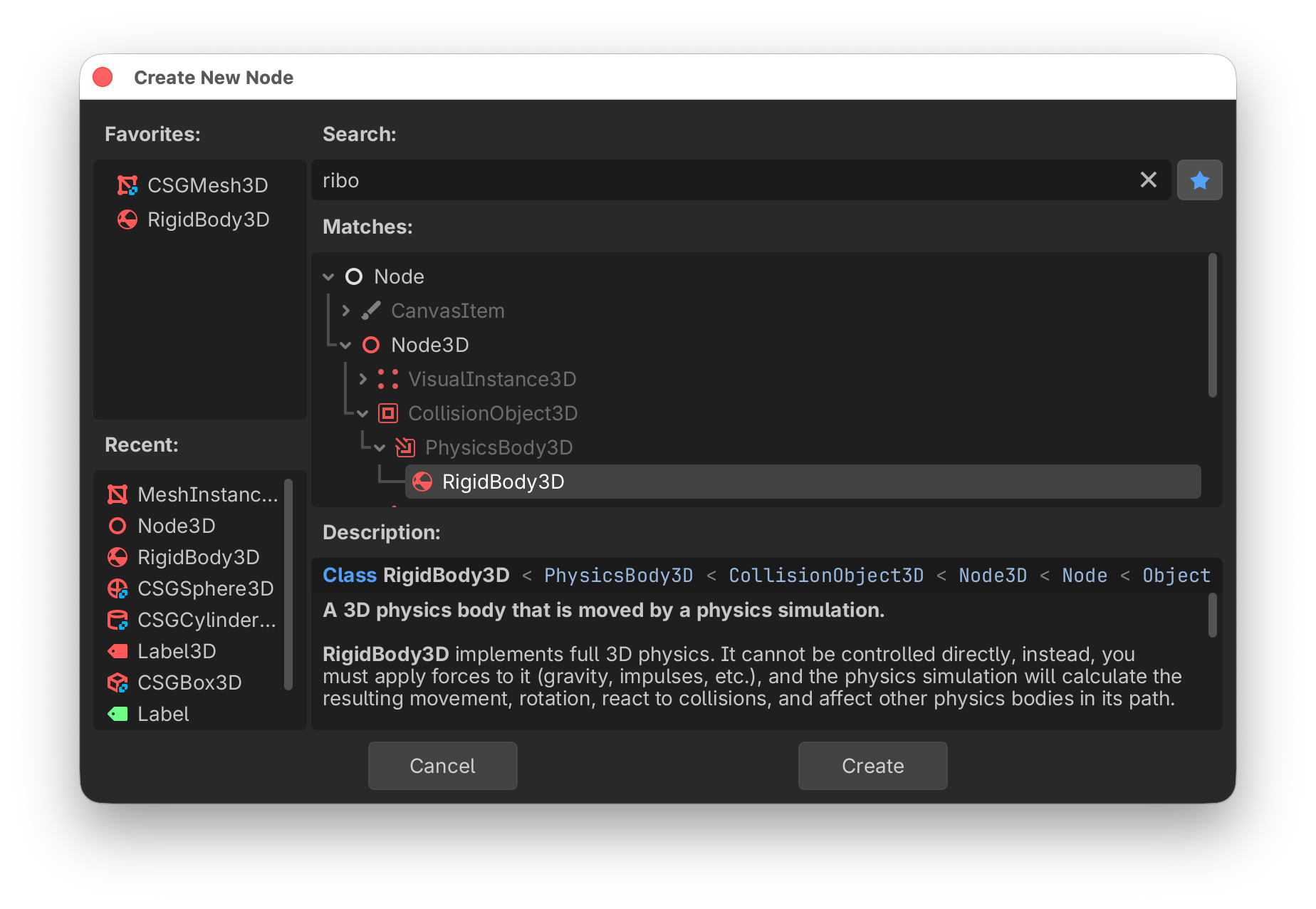 Create New Node dialog showing search results for ribo with RigidBody3D selected, displaying class hierarchy and physics simulation description